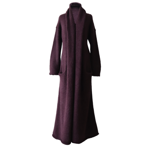 Cardigan Suri Alpaca Blend, long Non-Hooded or Hooded cardigan with belt. Made in Peru by PFL knitwear.com