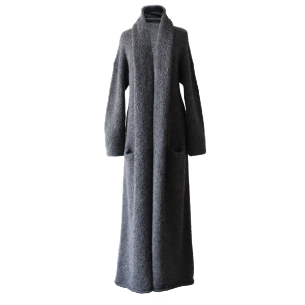 Cardigan Suri Alpaca Blend, long Non-Hooded or Hooded cardigan with belt. Made in Peru by PFL knitwear.com