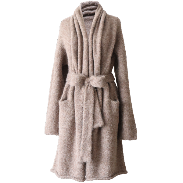 Cardigan Suri Alpaca Blend, long Non-Hooded or Hooded cardigan with belt. Made in Peru by PFL knitwear.com