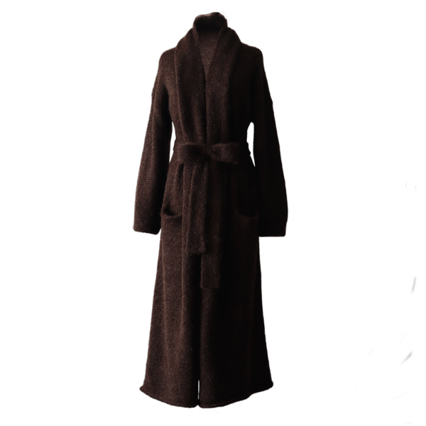 Cardigan Suri Alpaca Blend, long Non-Hooded or Hooded cardigan with belt. Made in Peru by PFL knitwear.com
