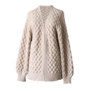 Women's open front cardigan, with braided all over pattern. Made in Peru by PFL knitwear