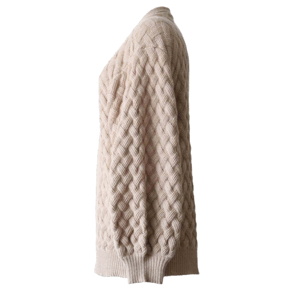 Women's open front cardigan, with braided all over pattern. Made in Peru by PFL knitwear