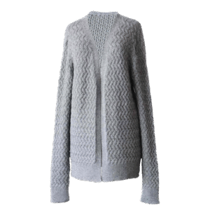 Women's open front cardigan, with a all over cable pattern. Made in Peru by PFL knitwear