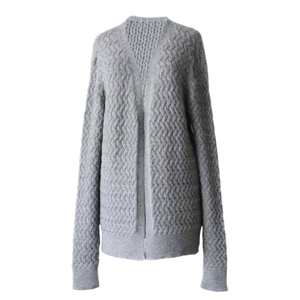 Women's open front cardigan, with a all over cable pattern. Made in Peru by PFL knitwear