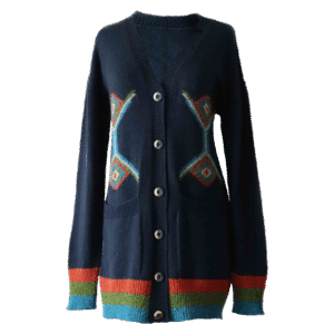 Women's cardigan baby alpaca, intarsia knitted with geometric pattern. Made in Peru by PFL knitwear