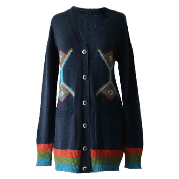 Women's cardigan baby alpaca, intarsia knitted with geometric pattern. Made in Peru by PFL knitwear