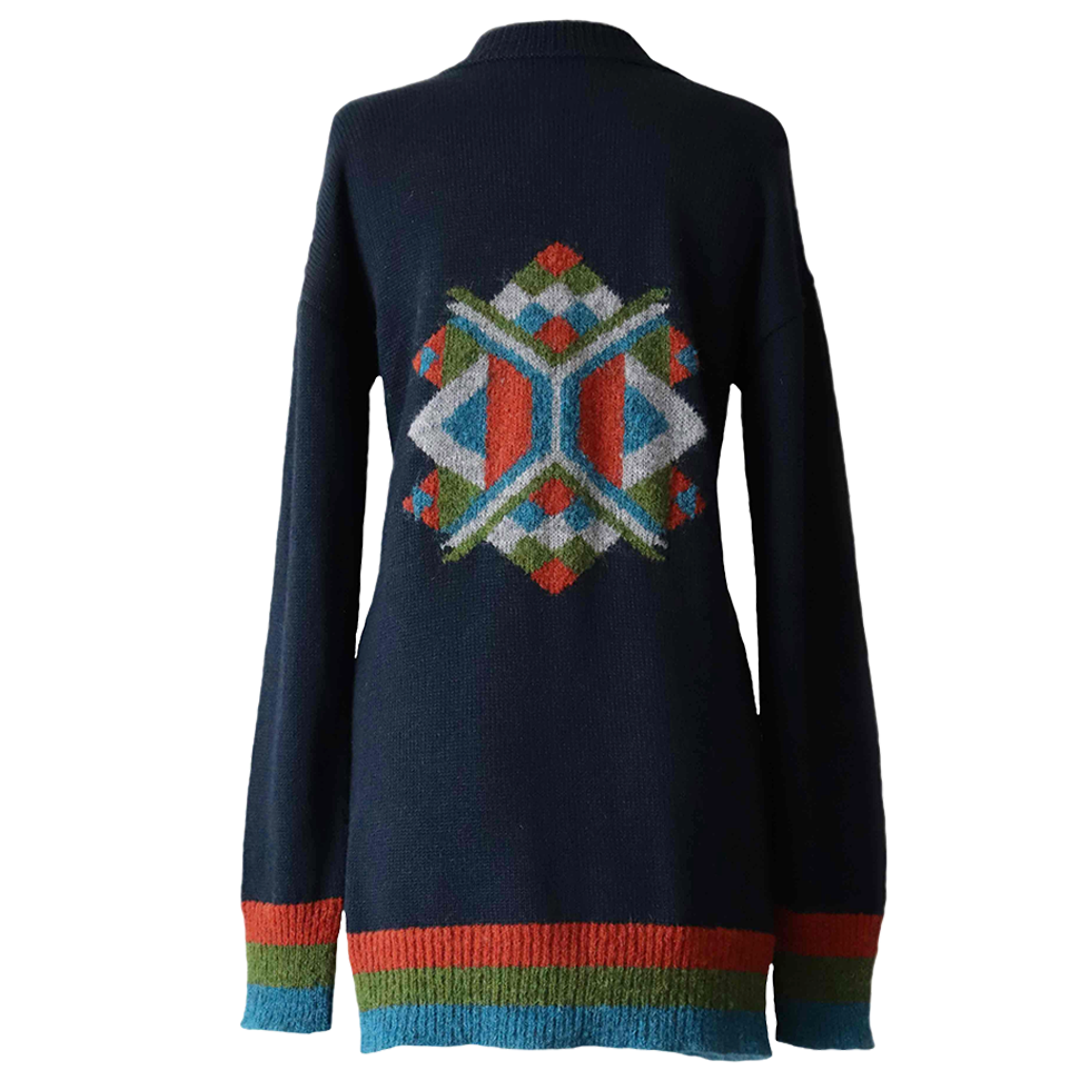 Women's cardigan baby alpaca, intarsia knitted with geometric pattern. Made in Peru by PFL knitwear Women's cardigan baby alpaca, intarsia knitted with geometric pattern. Made in Peru by PFL knitwear