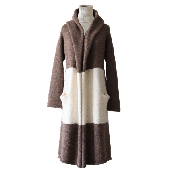 Capote Coat, alpaca blend, long cardigan felted two or three color version. Made in Peru by PFL knitwear