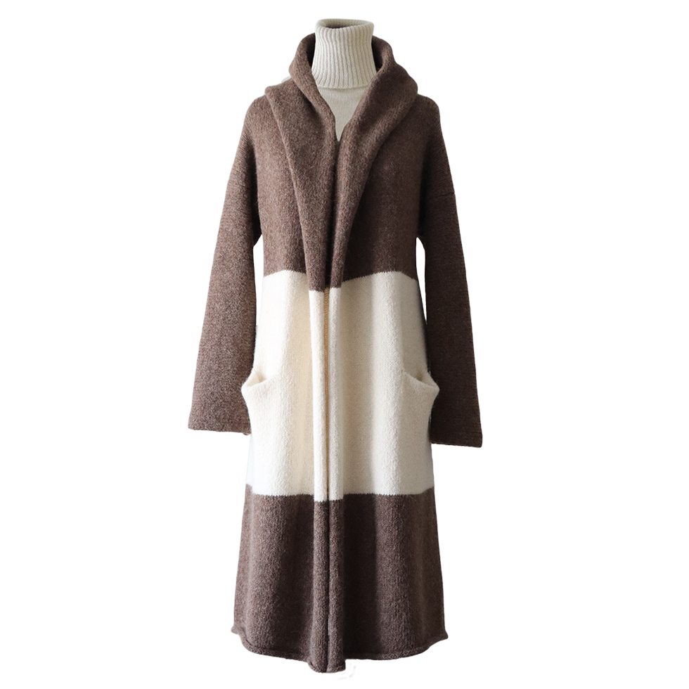 Capote Coat, alpaca blend, long cardigan felted two or three color version. Made in Peru by PFL knitwear Capote Coat, alpaca blend, long cardigan felted two or three color version. Made in Peru by PFL knitwear