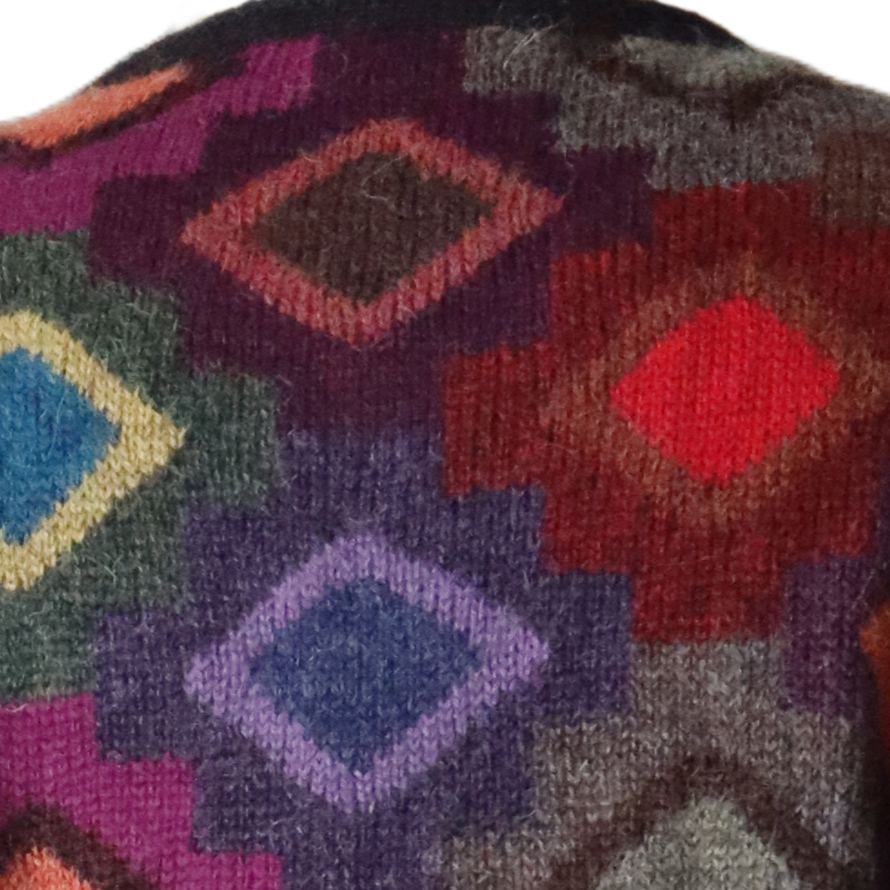 Women's cardigan hand intarsia knitted 100% alpaca, with diamond pattern. Made in Peru by PFL knitwear Women's cardigan hand intarsia knitted 100% alpaca, with diamond pattern. Made in Peru by PFL knitwear