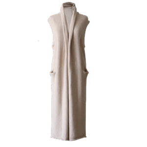 Women's long sleeveless cardigan felted, color oatmeal, natural yarns. Made in Peru by PFL knitwear