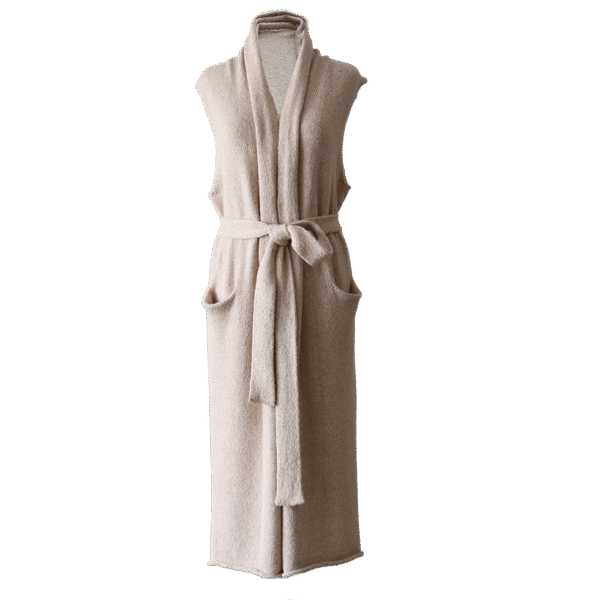 Women's long sleeveless cardigan felted, color oatmeal, natural yarns. Made in Peru by PFL knitwear