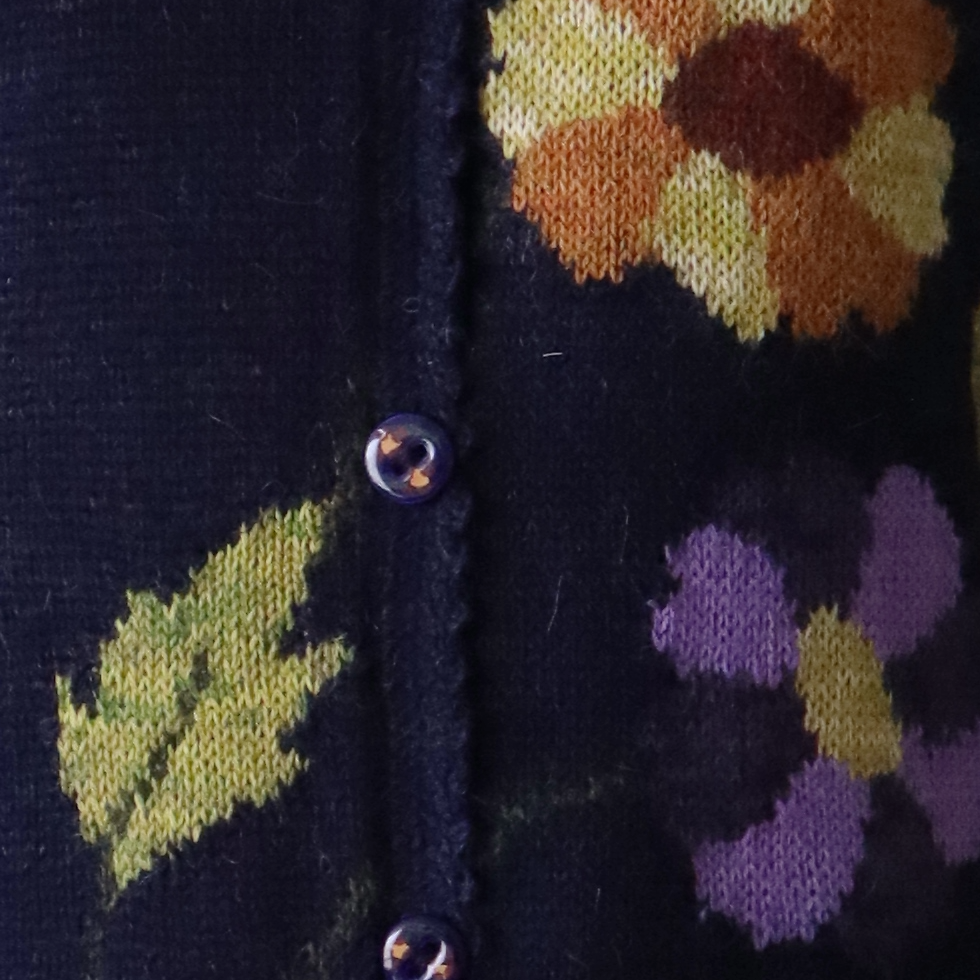 Women's cardigan alpaca intarsia knitted flower pattern. Made in Peru by PFL knitwear Women's cardigan alpaca intarsia knitted flower pattern. Made in Peru by PFL knitwear