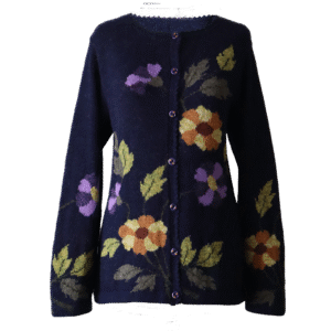 Women's cardigan alpaca intarsia knitted flower pattern. Made in Peru by PFL knitwear