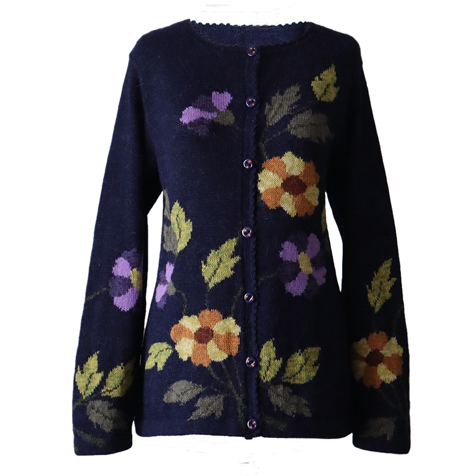 Women's cardigan alpaca intarsia knitted flower pattern. Made in Peru by PFL knitwear Women's cardigan alpaca intarsia knitted flower pattern. Made in Peru by PFL knitwear