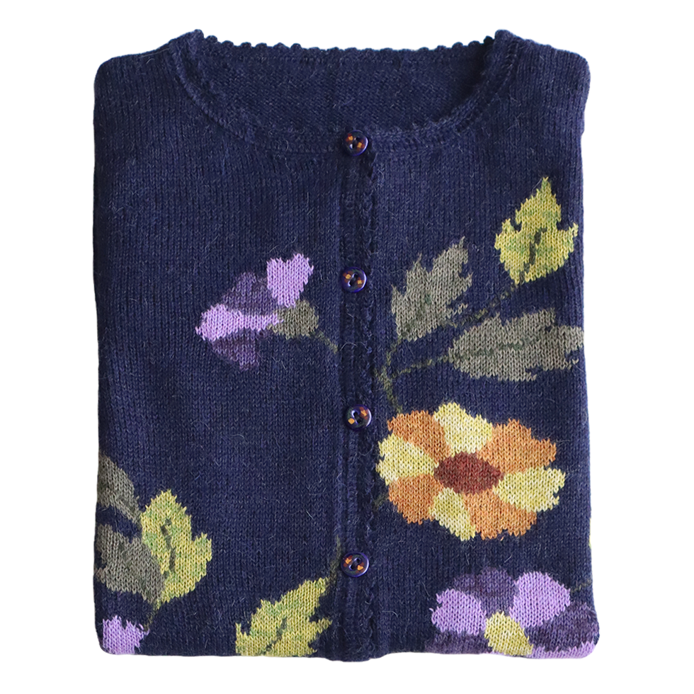 Women's cardigan alpaca intarsia knitted flower pattern. Made in Peru by PFL knitwear Women's cardigan alpaca intarsia knitted flower pattern. Made in Peru by PFL knitwear