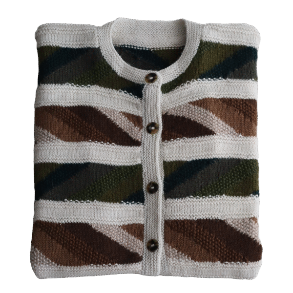 Women's alpaca cardigan Hand-Knitted Intarsia oversized with striped pattern. Made in Peru by PFL knitwear