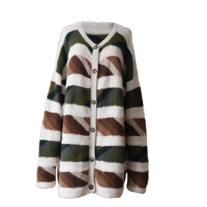 Women's alpaca cardigan Hand-Knitted Intarsia oversized with striped pattern. Made in Peru by PFL knitwear