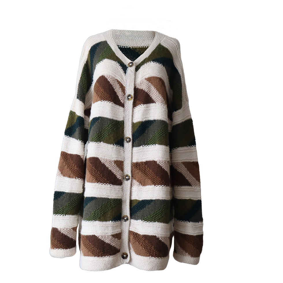 Women's alpaca cardigan Hand-Knitted Intarsia oversized with striped pattern. Made in Peru by PFL knitwear Women's alpaca cardigan Hand-Knitted Intarsia oversized with striped pattern. Made in Peru by PFL knitwear