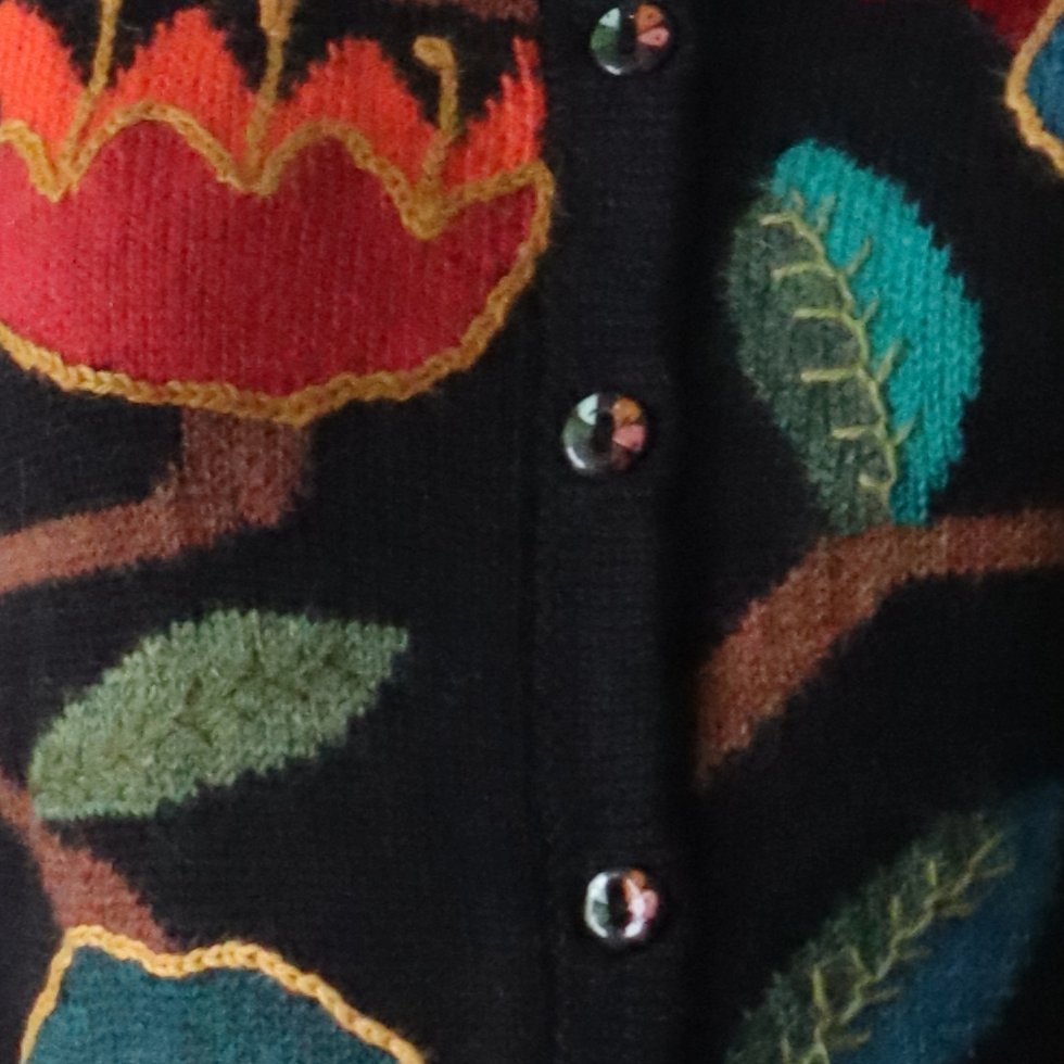 Women's cardigan alpaca intarsia knitted flower pattern. Made in Peru by PFL knitwear Women's cardigan alpaca intarsia knitted flower pattern. Made in Peru by PFL knitwear