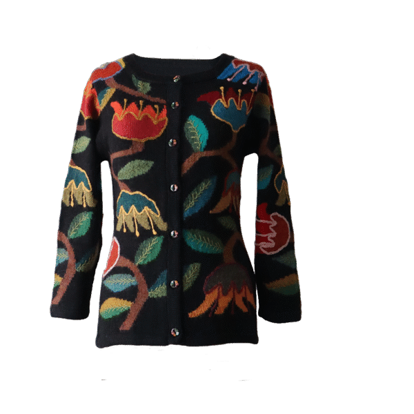Women's cardigan alpaca intarsia knitted flower pattern. Made in Peru by PFL knitwear