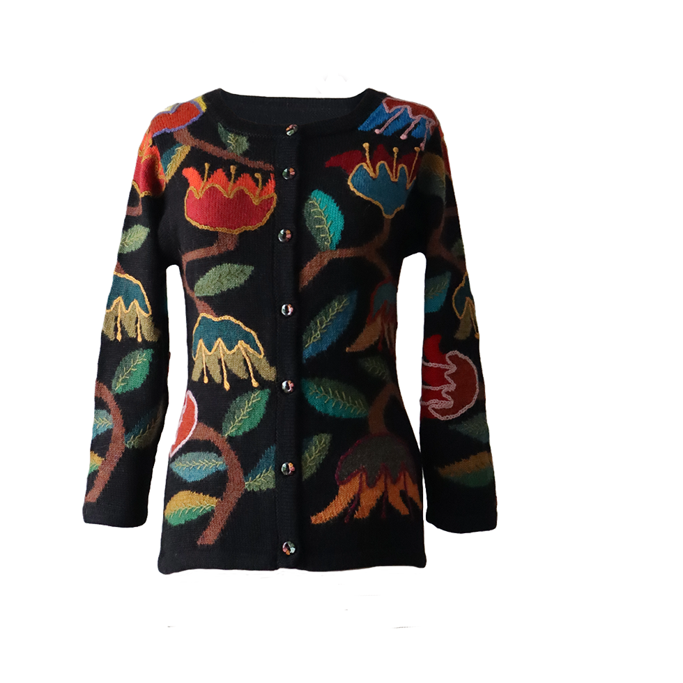 Women's cardigan alpaca intarsia knitted flower pattern. Made in Peru by PFL knitwear Women's cardigan alpaca intarsia knitted flower pattern. Made in Peru by PFL knitwear
