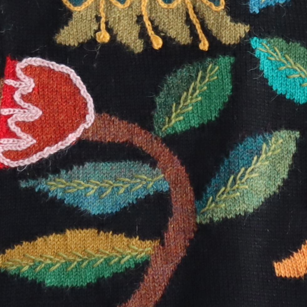 Women's cardigan alpaca intarsia knitted flower pattern. Made in Peru by PFL knitwear Women's cardigan alpaca intarsia knitted flower pattern. Made in Peru by PFL knitwear