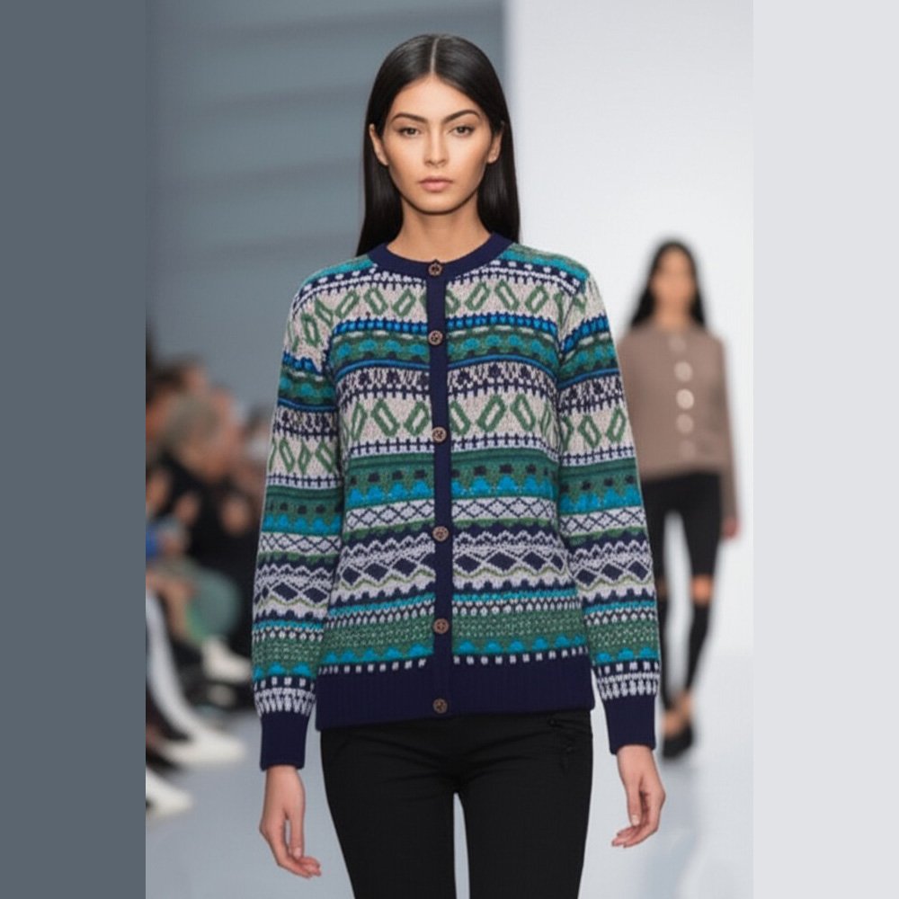PFL knitwear B2B wholesale Women’s alpaca cardigan jacquard knitted with classic Norwegian pattern.
