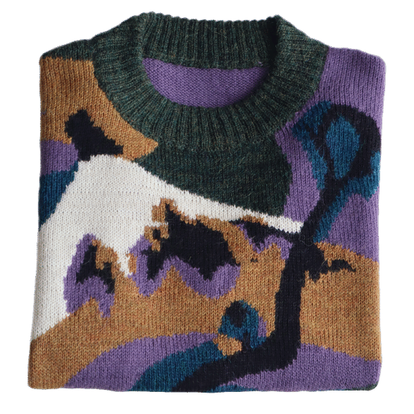 Women's sweater alpaca with intarsia knitted pattern on the front. Made in Peru .by PFL knitwear