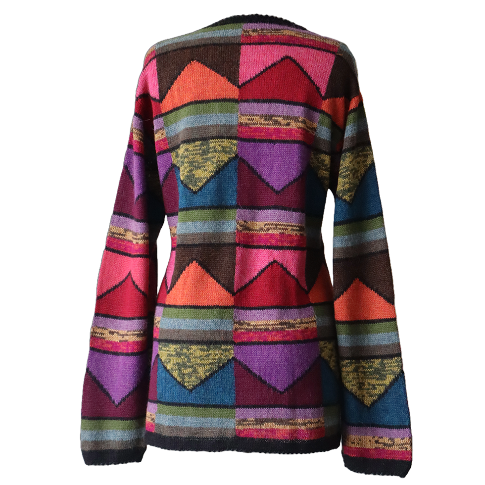 Women's Alpaca Sweater multicolor Intarsia knitted with Graphic Design. Made in Peru by PFL knitwear Women's Alpaca Sweater multicolor Intarsia knitted with Graphic Design. Made in Peru by PFL knitwear