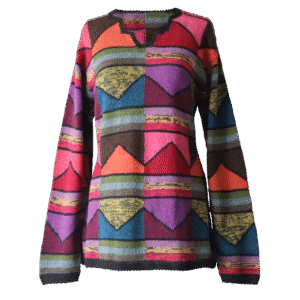 Women's Alpaca Sweater multicolor Intarsia knitted with Graphic Design. Made in Peru by PFL knitwear