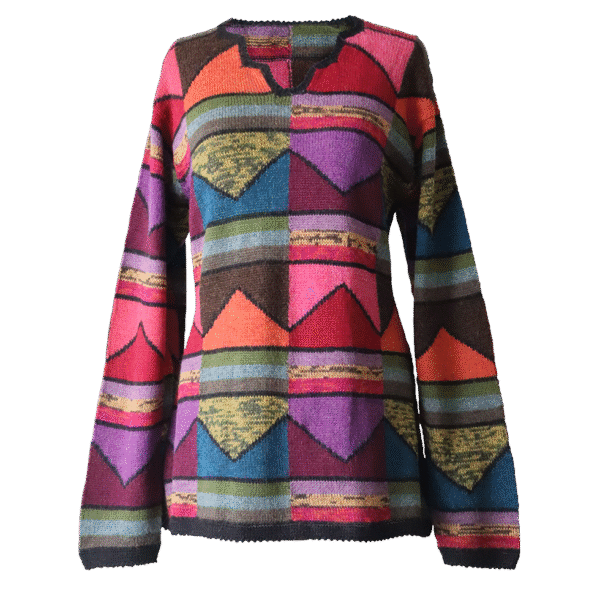 Women's Alpaca Sweater multicolor Intarsia knitted with Graphic Design. Made in Peru by PFL knitwear