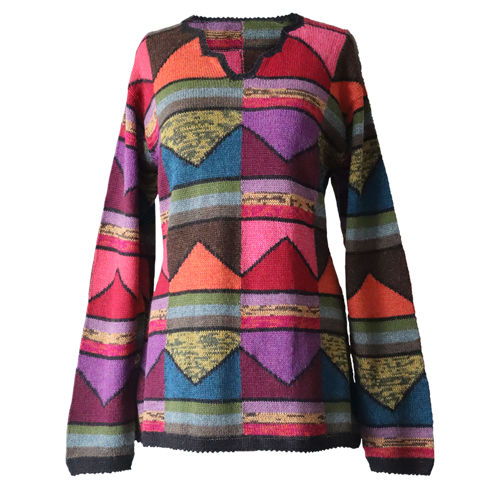 Women's Alpaca Sweater multicolor Intarsia knitted with Graphic Design. Made in Peru by PFL knitwear Women's Alpaca Sweater multicolor Intarsia knitted with Graphic Design. Made in Peru by PFL knitwear