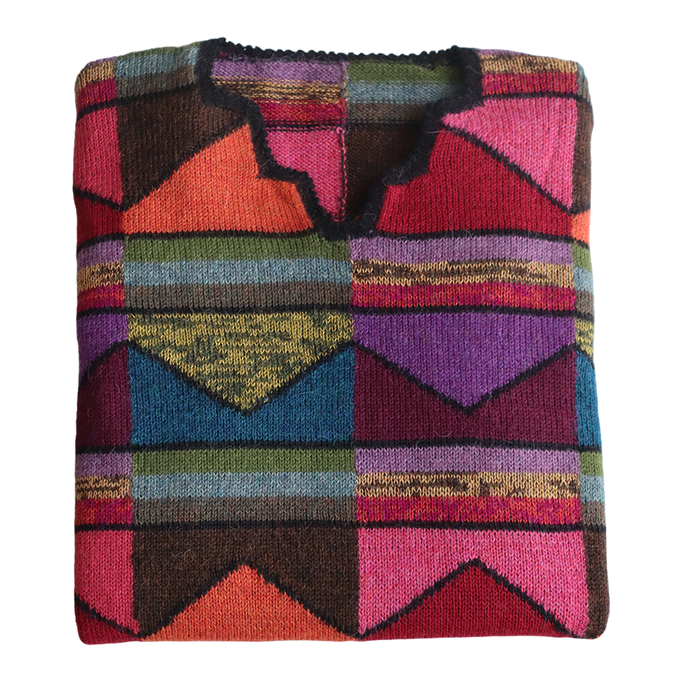 Women's Alpaca Sweater multicolor Intarsia knitted with Graphic Design. Made in Peru by PFL knitwear Women's Alpaca Sweater multicolor Intarsia knitted with Graphic Design. Made in Peru by PFL knitwear
