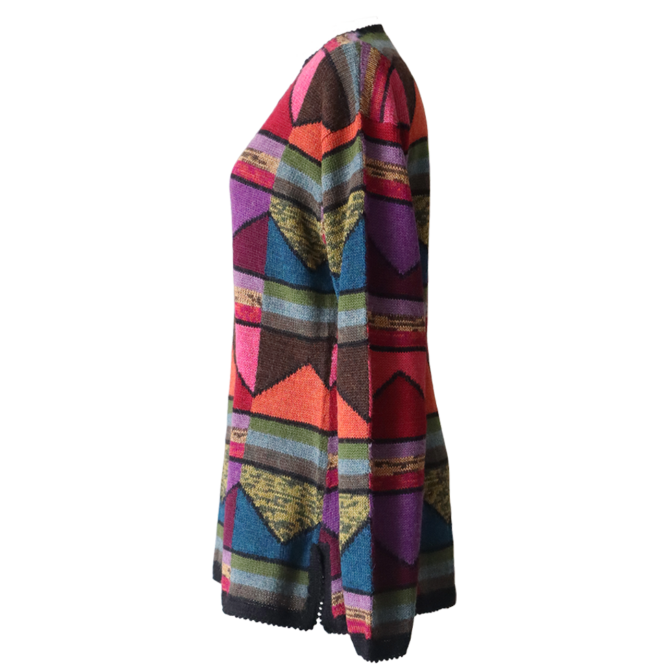 Women's Alpaca Sweater multicolor Intarsia knitted with Graphic Design. Made in Peru by PFL knitwear Women's Alpaca Sweater multicolor Intarsia knitted with Graphic Design. Made in Peru by PFL knitwear
