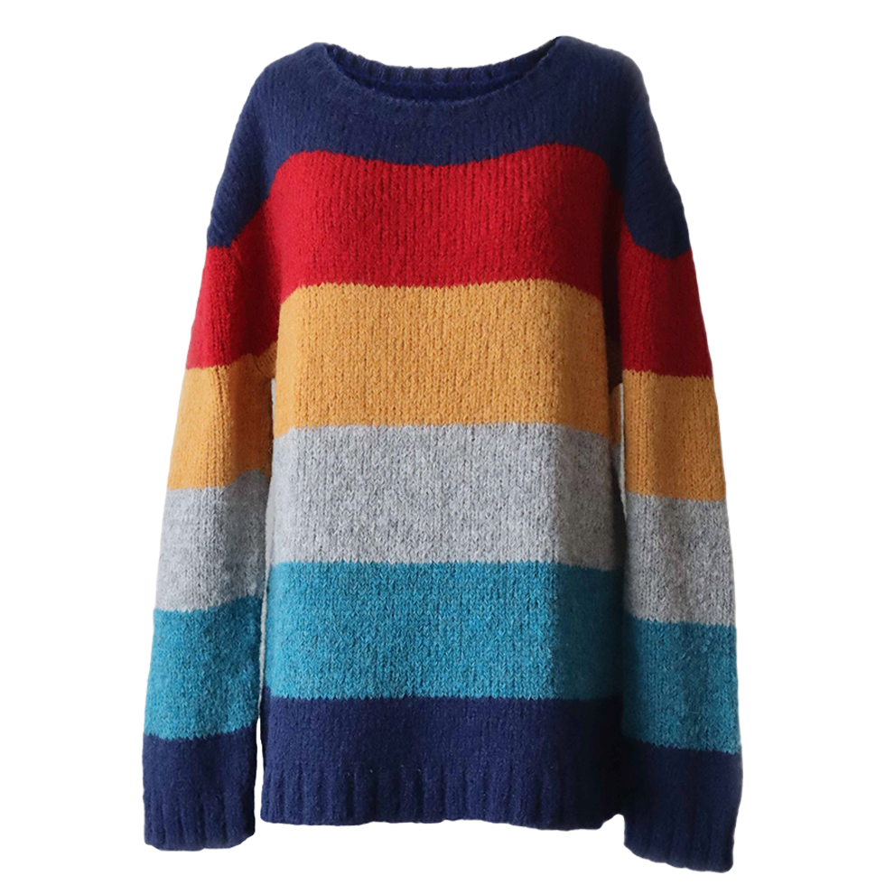 Women's sweater, in soft brushed alpaca blend, five color stripe design Made in Peru by PFL knitwear Women's sweater, in soft brushed alpaca blend, five color stripe design Made in Peru by PFL knitwear