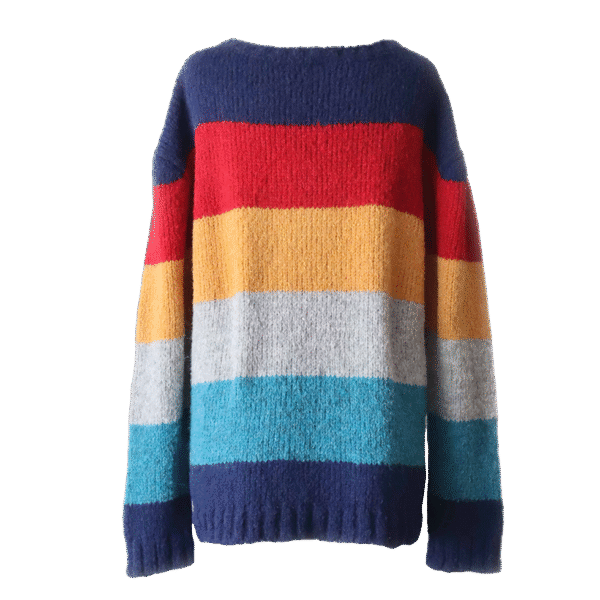 Women's sweater, in soft brushed alpaca blend, five color stripe design Made in Peru by PFL knitwear
