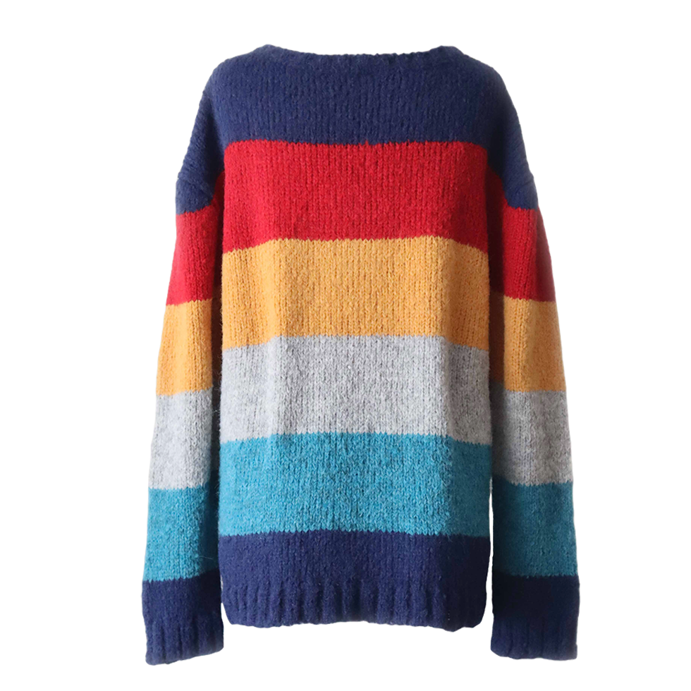 Women's sweater, in soft brushed alpaca blend, five color stripe design Made in Peru by PFL knitwear Women's sweater, in soft brushed alpaca blend, five color stripe design Made in Peru by PFL knitwear