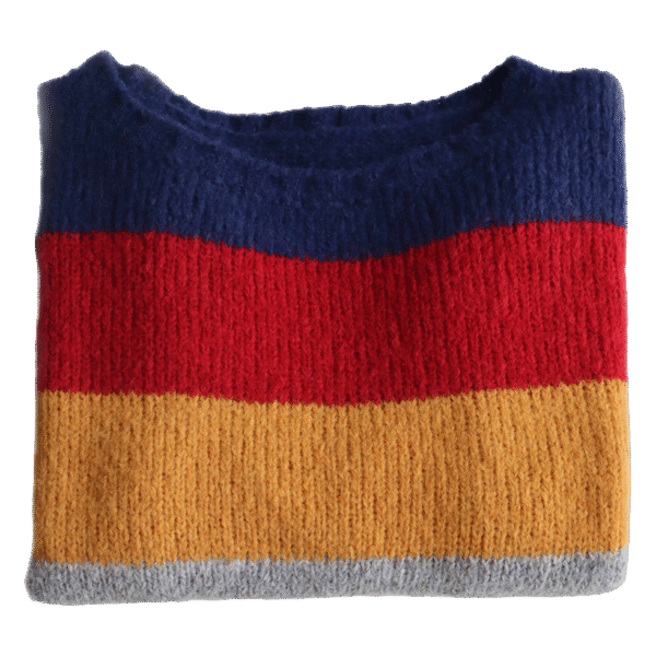 Women's sweater, in soft brushed alpaca blend, five color stripe design Made in Peru by PFL knitwear