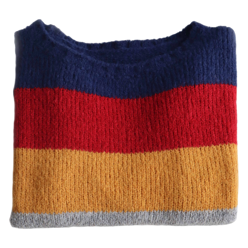 Women's sweater, in soft brushed alpaca blend, five color stripe design Made in Peru by PFL knitwear Women's sweater, in soft brushed alpaca blend, five color stripe design Made in Peru by PFL knitwear