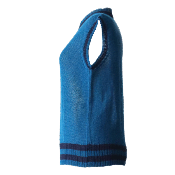 Women's sleeveless sweater 100% royal alpaca color blue with stripes. Made in Peru by PFL knitwear