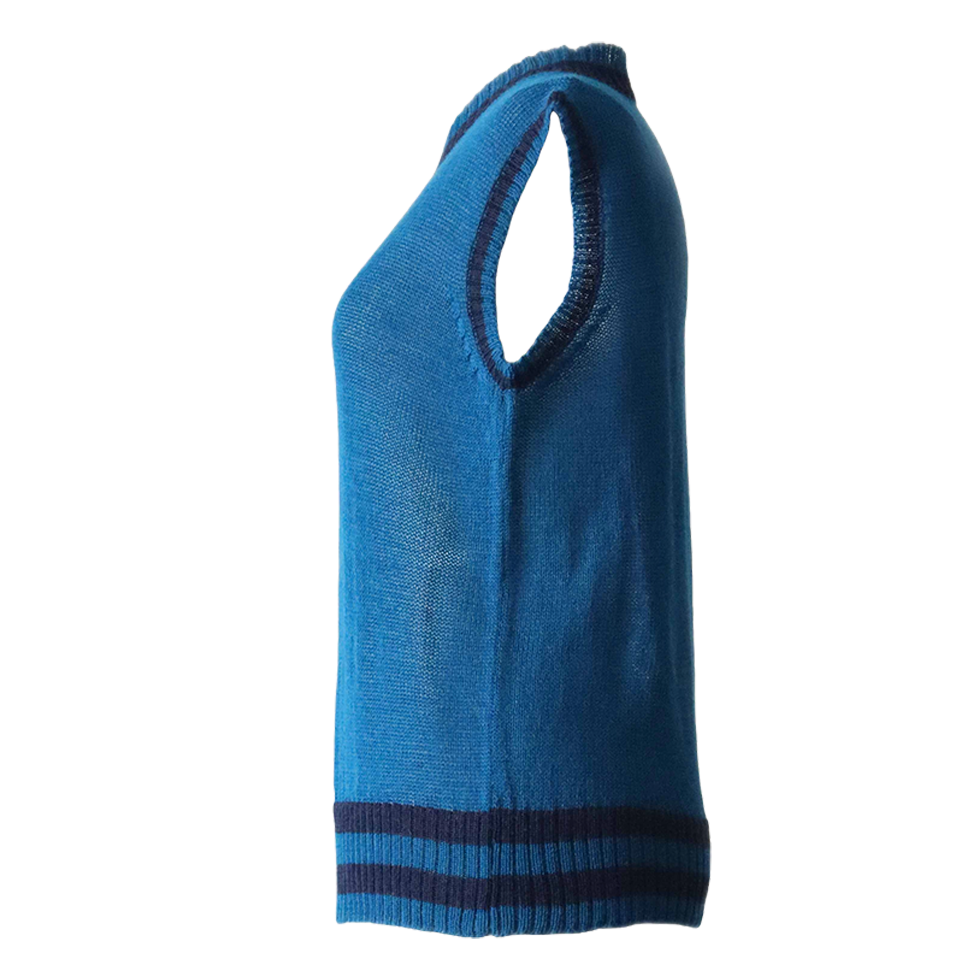 Women's sleeveless sweater 100% royal alpaca color blue with stripes. Made in Peru by PFL knitwear Women's sleeveless sweater 100% royal alpaca color blue with stripes. Made in Peru by PFL knitwear