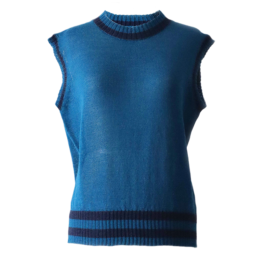 Women's sleeveless sweater 100% royal alpaca color blue with stripes. Made in Peru by PFL knitwear Women's sleeveless sweater 100% royal alpaca color blue with stripes. Made in Peru by PFL knitwear