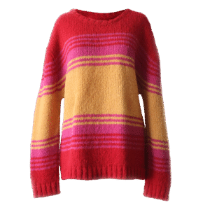 Women's sweater, in soft brushed alpaca blend, three color striped design. Made in Peru by PFL knitwear
