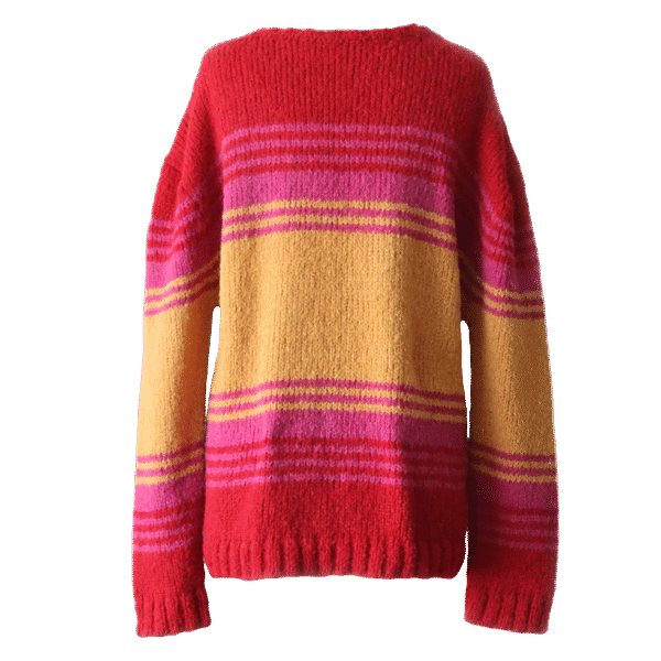 Women's sweater, in soft brushed alpaca blend, three color striped design. Made in Peru by PFL knitwear