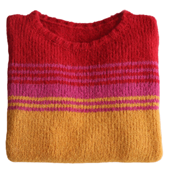 Women's sweater, in soft brushed alpaca blend, three color striped design. Made in Peru by PFL knitwear