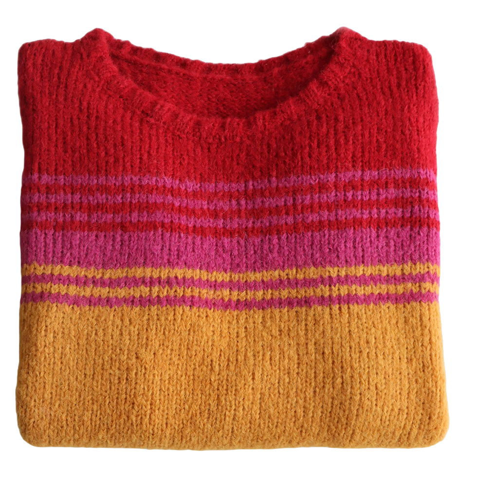 Women's sweater, in soft brushed alpaca blend, three color striped design. Made in Peru by PFL knitwear Women's sweater, in soft brushed alpaca blend, three color striped design. Made in Peru by PFL knitwear