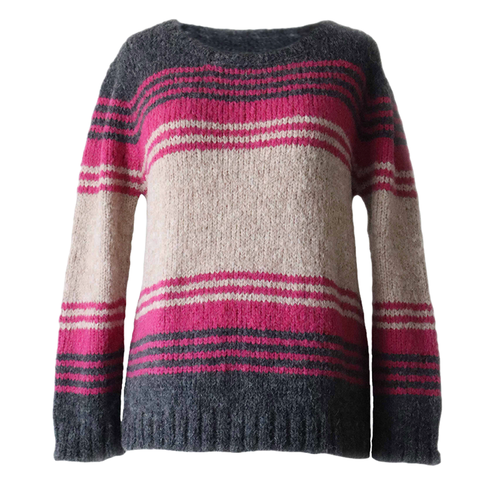 Women's sweater, in soft brushed alpaca blend, three color striped design. Made in Peru by PFL knitwear Women's sweater, in soft brushed alpaca blend, three color striped design. Made in Peru by PFL knitwear