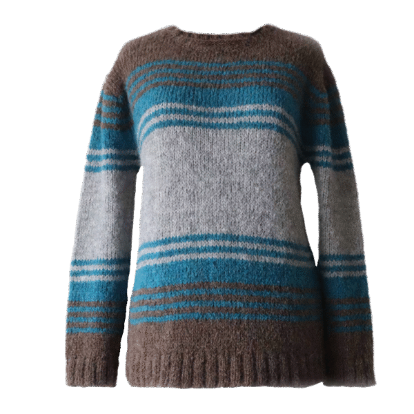 Women's sweater, in soft brushed alpaca blend, three color striped design. Made in Peru by PFL knitwear