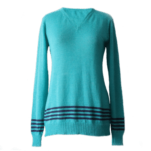 Women's sweater, with V-neck and contrasting stripes at the bottom edge. Made in Peru by PFL knitwear